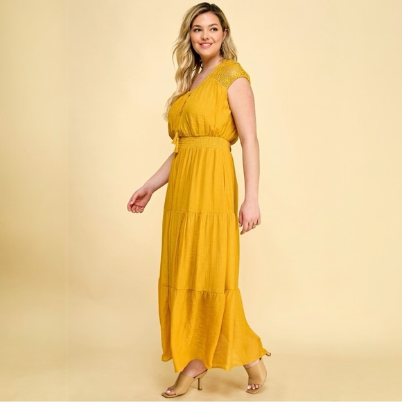 NEW Plus Size Lace Smocked Waist Tier Maxi in Yellow 1X - Picture 2 of 5